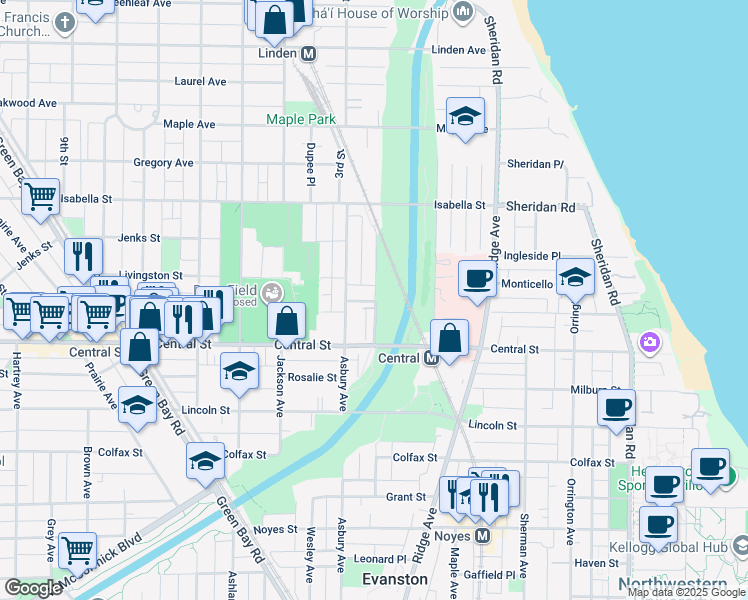 map of restaurants, bars, coffee shops, grocery stores, and more near 2650 Bryant Avenue in Evanston