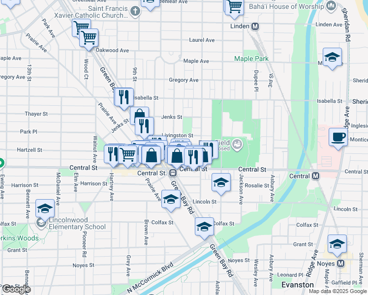 map of restaurants, bars, coffee shops, grocery stores, and more near 2647 Broadway Avenue in Evanston