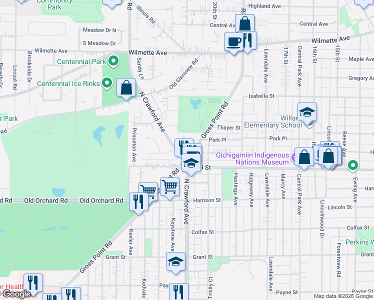 map of restaurants, bars, coffee shops, grocery stores, and more near 3428 Park Place in Evanston