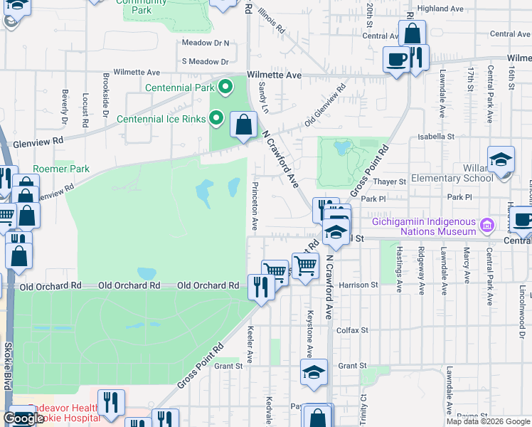 map of restaurants, bars, coffee shops, grocery stores, and more near 2632 Princeton Avenue in Evanston