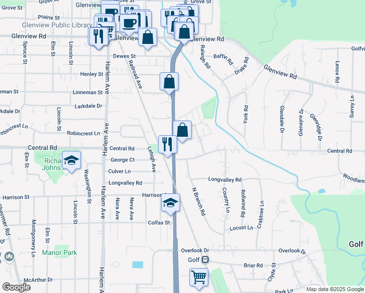 map of restaurants, bars, coffee shops, grocery stores, and more near 600 Carriage Hill Drive in Glenview