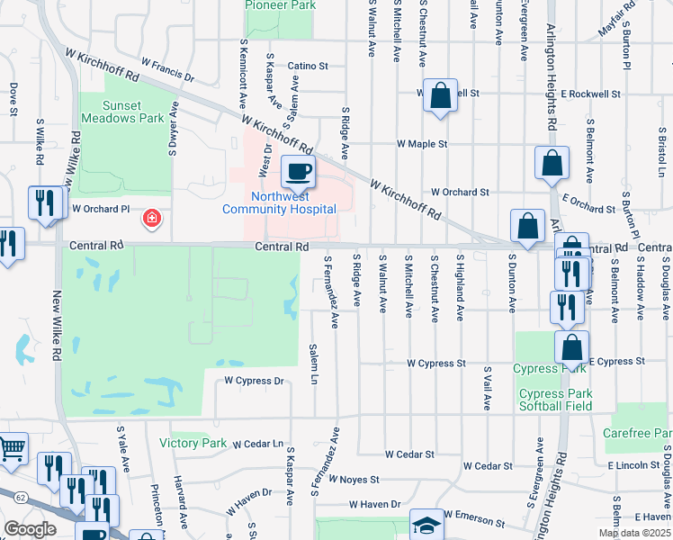 map of restaurants, bars, coffee shops, grocery stores, and more near 713 Central Road in Arlington Heights