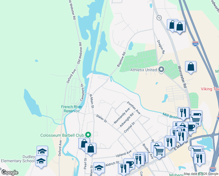 map of restaurants, bars, coffee shops, grocery stores, and more near 7 Genevieve Lane in Webster
