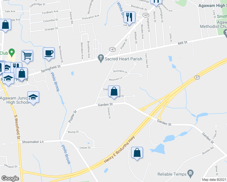 map of restaurants, bars, coffee shops, grocery stores, and more near 27 Depalma Street in Agawam