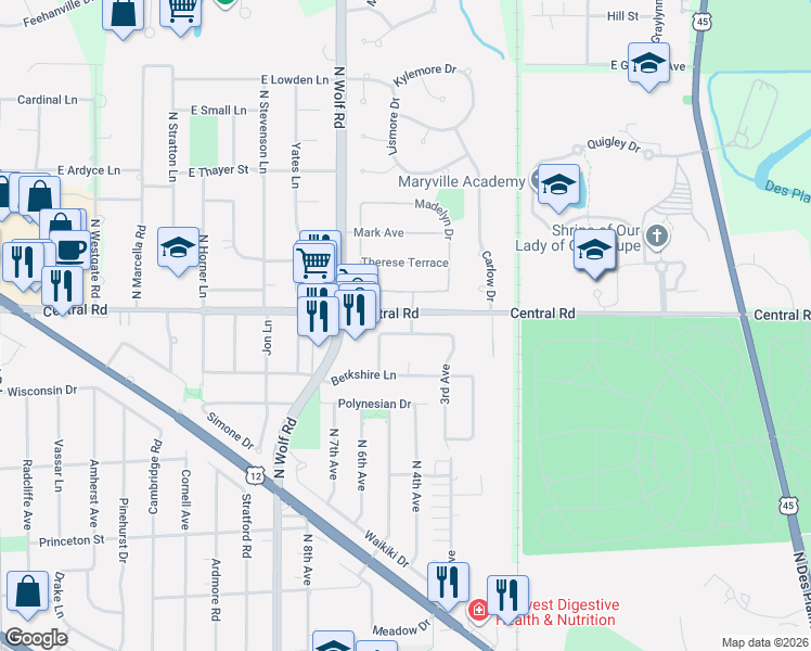 map of restaurants, bars, coffee shops, grocery stores, and more near 740 Yorkshire Lane in Des Plaines