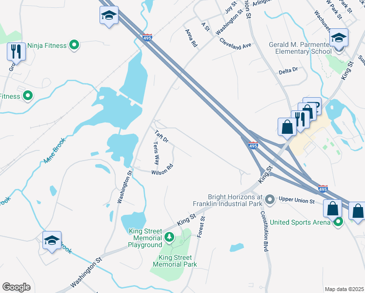 map of restaurants, bars, coffee shops, grocery stores, and more near 14 Taft Drive in Franklin