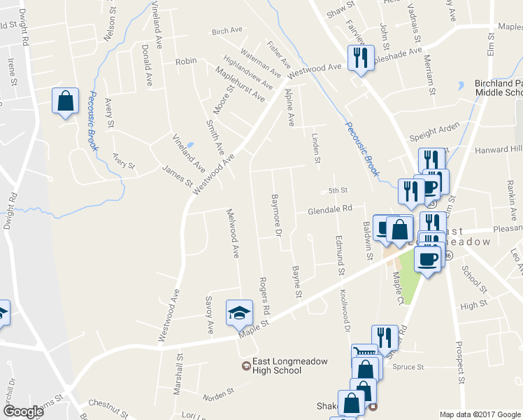 map of restaurants, bars, coffee shops, grocery stores, and more near 73 Rogers Road in East Longmeadow