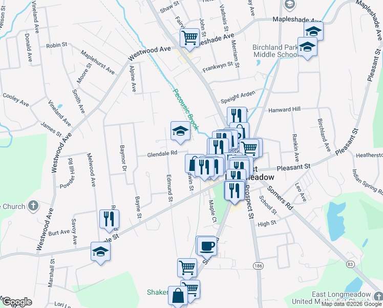 map of restaurants, bars, coffee shops, grocery stores, and more near 45 Baldwin Street in East Longmeadow