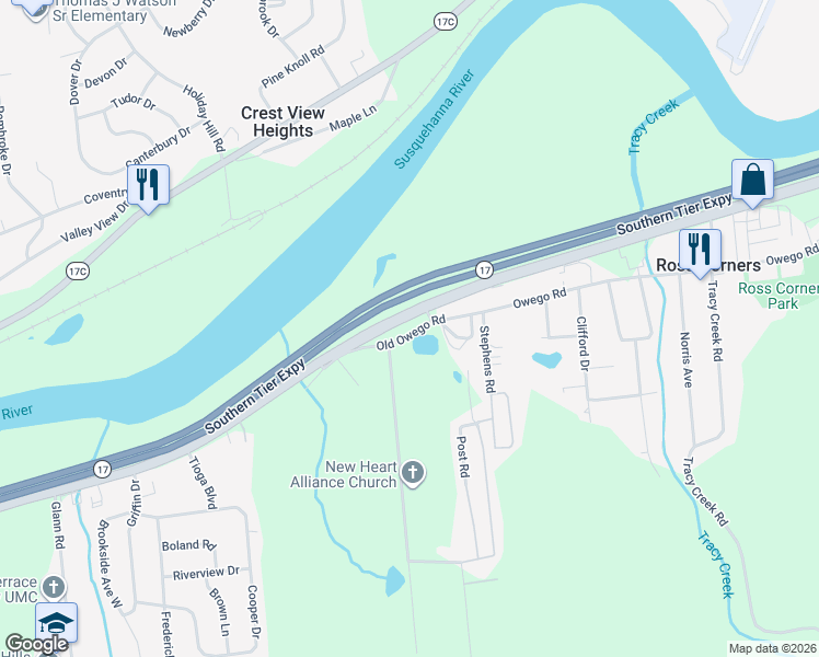 map of restaurants, bars, coffee shops, grocery stores, and more near 353 Old Owego Road in Apalachin