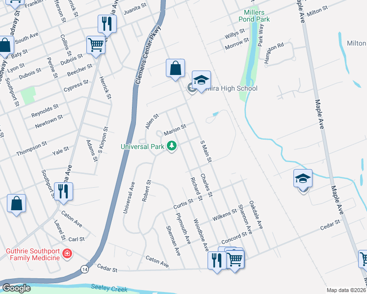 map of restaurants, bars, coffee shops, grocery stores, and more near 202-208 Robert St in Elmira
