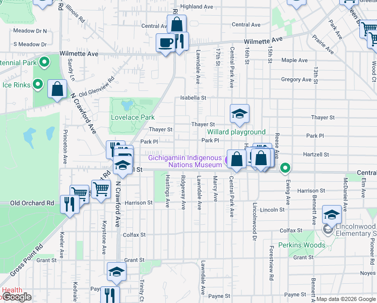 map of restaurants, bars, coffee shops, grocery stores, and more near 3120 Park Place in Evanston