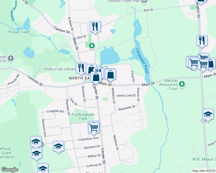 map of restaurants, bars, coffee shops, grocery stores, and more near 139 Main Street in Easton