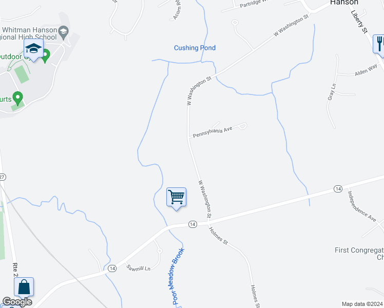 map of restaurants, bars, coffee shops, grocery stores, and more near 353 West Washington Street in Hanson