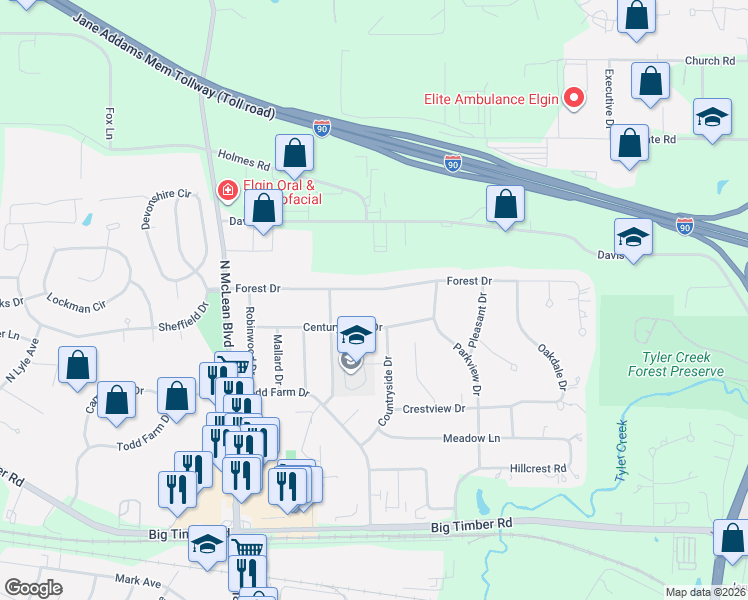 map of restaurants, bars, coffee shops, grocery stores, and more near 1125 Forest Drive in Elgin
