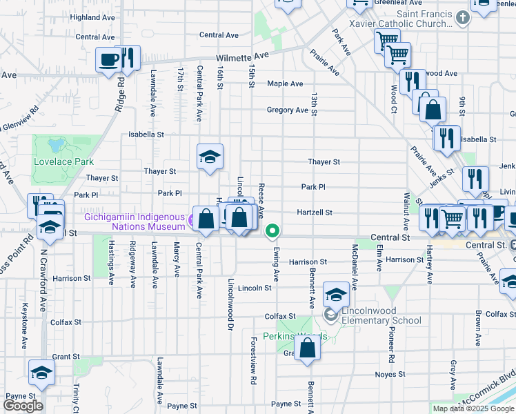 map of restaurants, bars, coffee shops, grocery stores, and more near 2831 Hartzell Street in Evanston