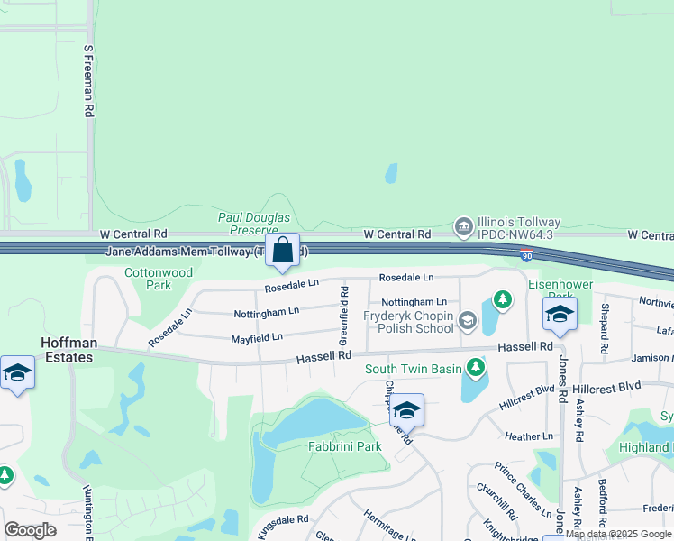 map of restaurants, bars, coffee shops, grocery stores, and more near 1230 Rosedale Lane in Hoffman Estates