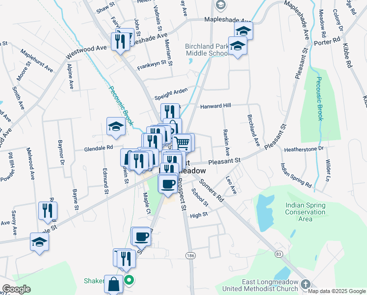 map of restaurants, bars, coffee shops, grocery stores, and more near 23 North Main Street in East Longmeadow