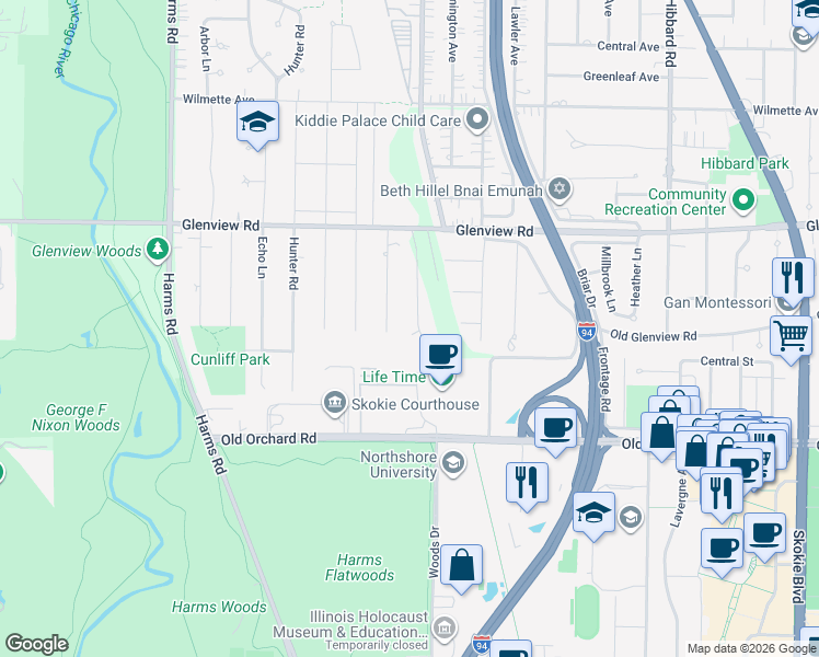 map of restaurants, bars, coffee shops, grocery stores, and more near 624 Laramie Avenue in Glenview