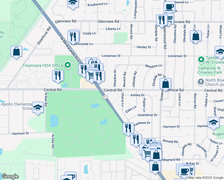 map of restaurants, bars, coffee shops, grocery stores, and more near 3614 Central Road in Glenview