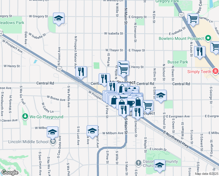 map of restaurants, bars, coffee shops, grocery stores, and more near 113 West Central Road in Mount Prospect
