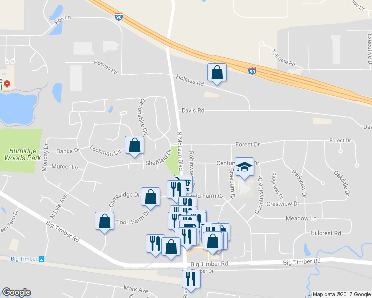 map of restaurants, bars, coffee shops, grocery stores, and more near 1229 Forest Dr in Elgin