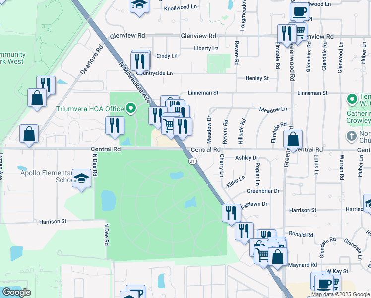 map of restaurants, bars, coffee shops, grocery stores, and more near N Milwaukee Ave & Milwaukee Ave & Central Rd in Glenview