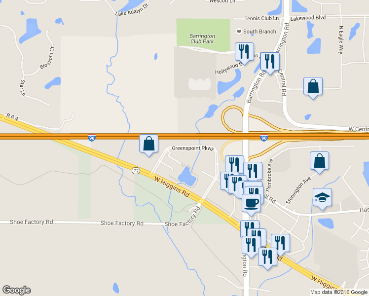 map of restaurants, bars, coffee shops, grocery stores, and more near Greenspoint Parkway in Hoffman Estates