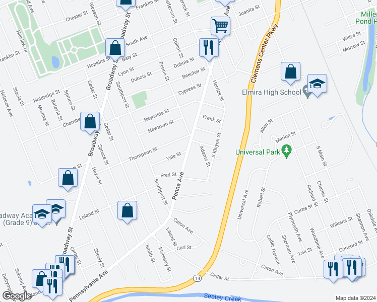 map of restaurants, bars, coffee shops, grocery stores, and more near 801 Pennsylvania Avenue in Elmira