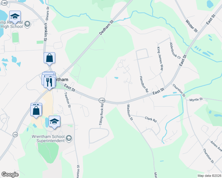 map of restaurants, bars, coffee shops, grocery stores, and more near 36 Sleepy Hollow Lane in Wrentham