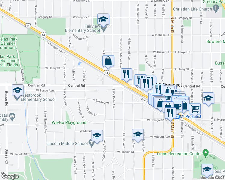 map of restaurants, bars, coffee shops, grocery stores, and more near 611 Central Road in Mount Prospect