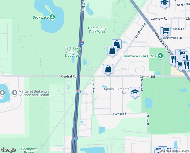 map of restaurants, bars, coffee shops, grocery stores, and more near 9541 West Central Road in Des Plaines