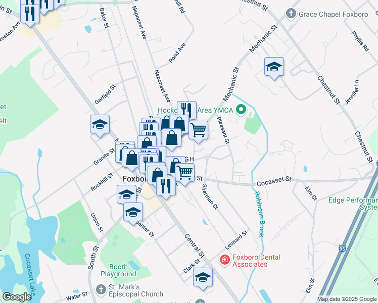 map of restaurants, bars, coffee shops, grocery stores, and more near 12 Maple Avenue in Foxborough