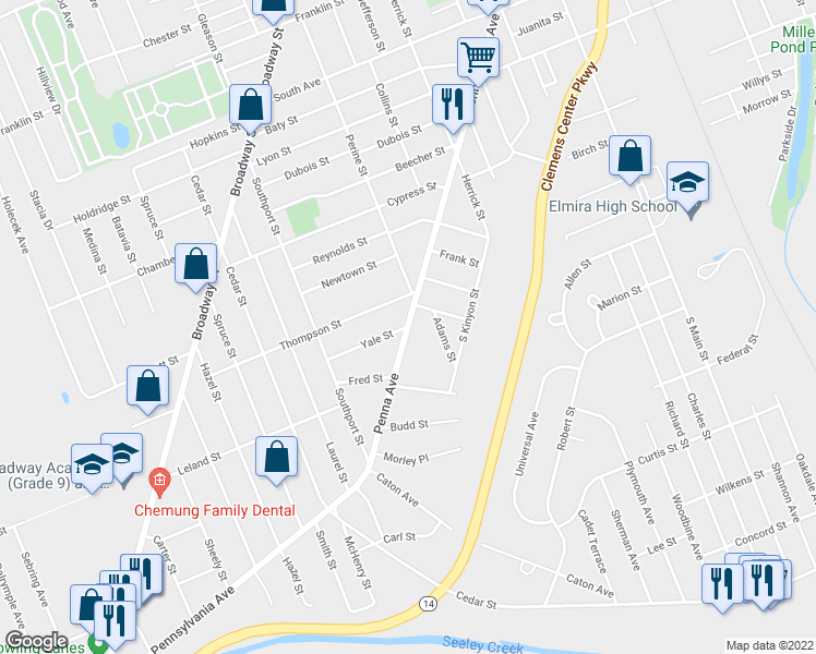 map of restaurants, bars, coffee shops, grocery stores, and more near 805 Penna Avenue in Elmira