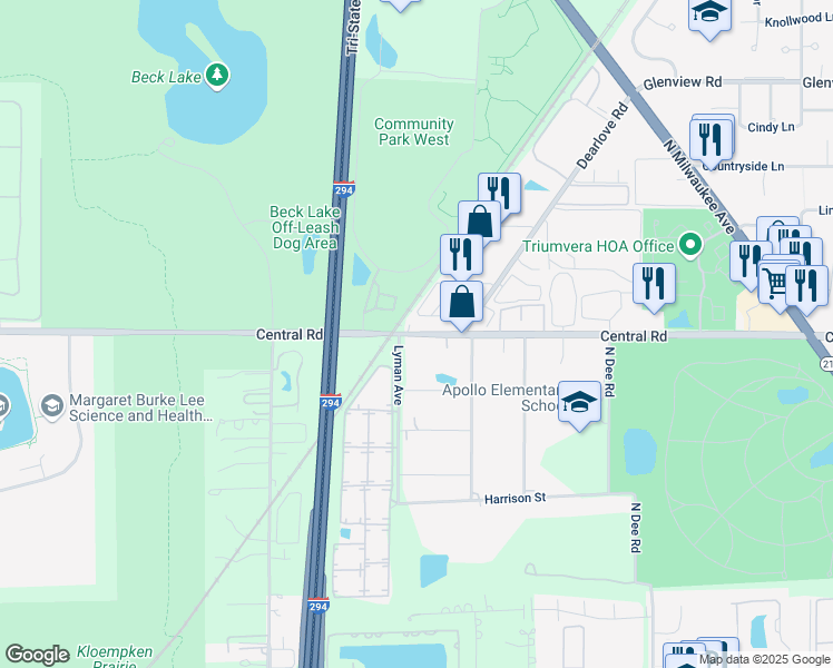 map of restaurants, bars, coffee shops, grocery stores, and more near 9541 West Central Road in Des Plaines