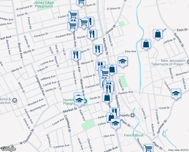 map of restaurants, bars, coffee shops, grocery stores, and more near 4 Essex Street in Brockton