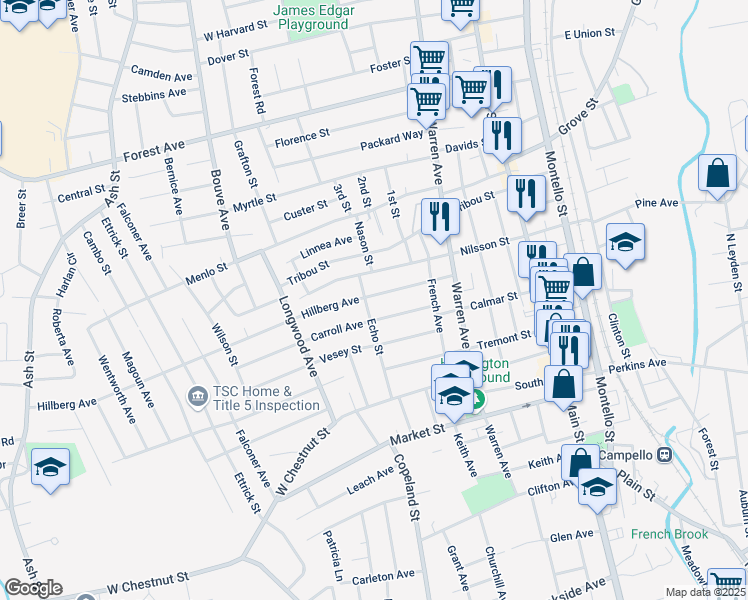 map of restaurants, bars, coffee shops, grocery stores, and more near 76 Hillberg Avenue in Brockton