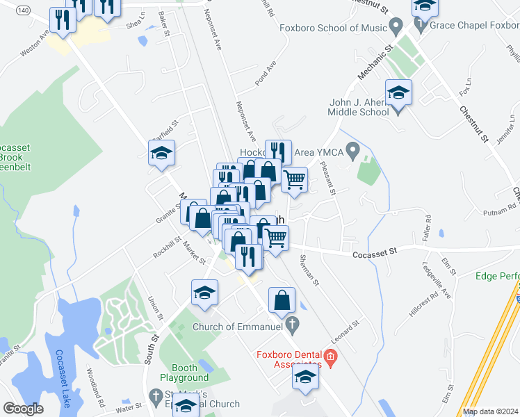 map of restaurants, bars, coffee shops, grocery stores, and more near 21 Mechanic Street in Foxborough