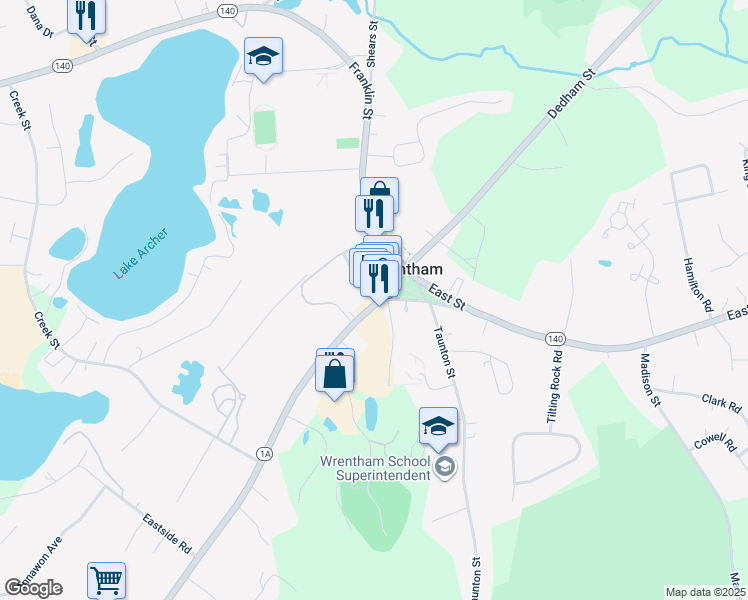 map of restaurants, bars, coffee shops, grocery stores, and more near 102 South Street in Wrentham