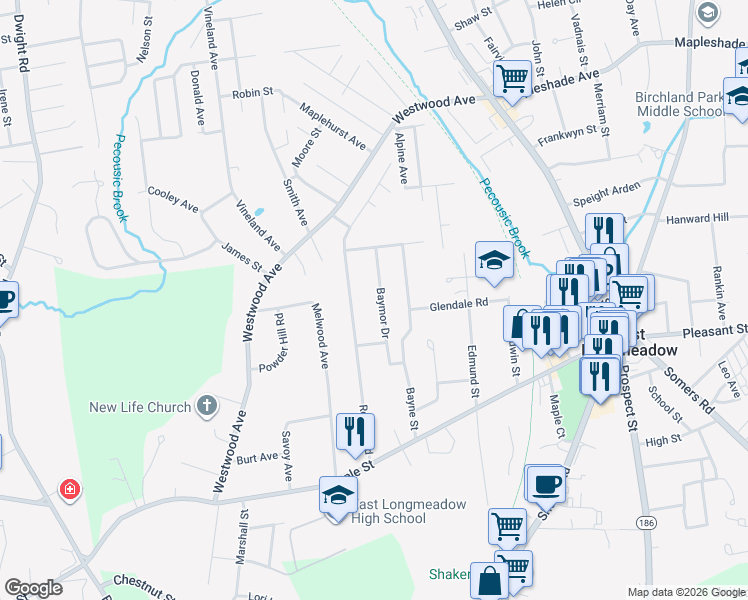 map of restaurants, bars, coffee shops, grocery stores, and more near 46 Baymore Drive in East Longmeadow