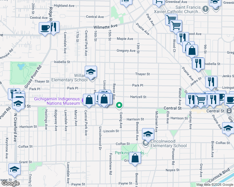 map of restaurants, bars, coffee shops, grocery stores, and more near 2831 Hartzell Street in Evanston