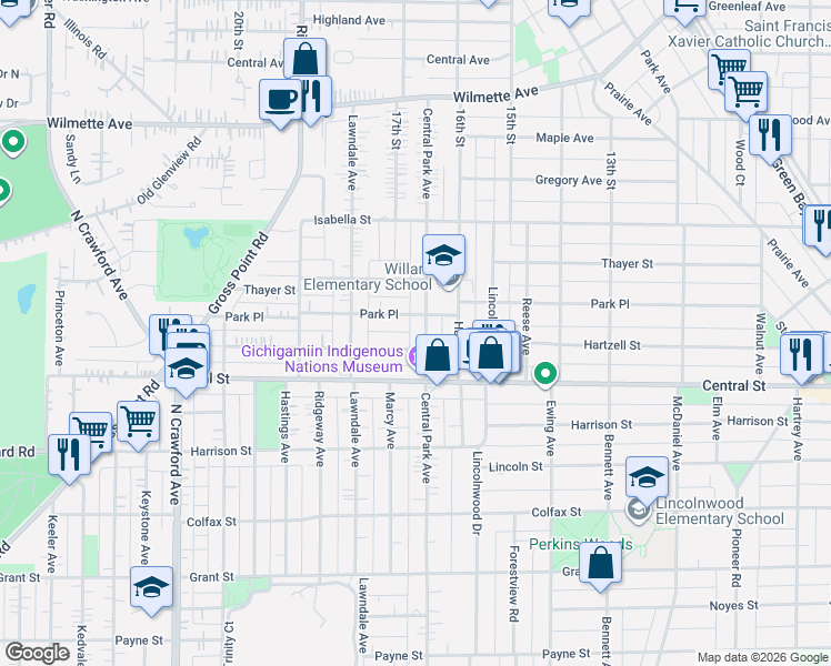 map of restaurants, bars, coffee shops, grocery stores, and more near 3012 Park Place in Evanston