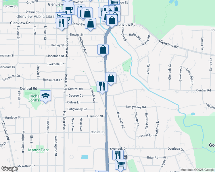 map of restaurants, bars, coffee shops, grocery stores, and more near 600 Carriage Hill Drive in Glenview