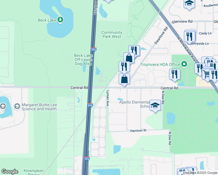 map of restaurants, bars, coffee shops, grocery stores, and more near 9541 West Central Road in Des Plaines