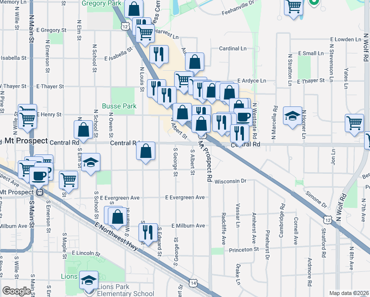 map of restaurants, bars, coffee shops, grocery stores, and more near 903 East Central Road in Mount Prospect
