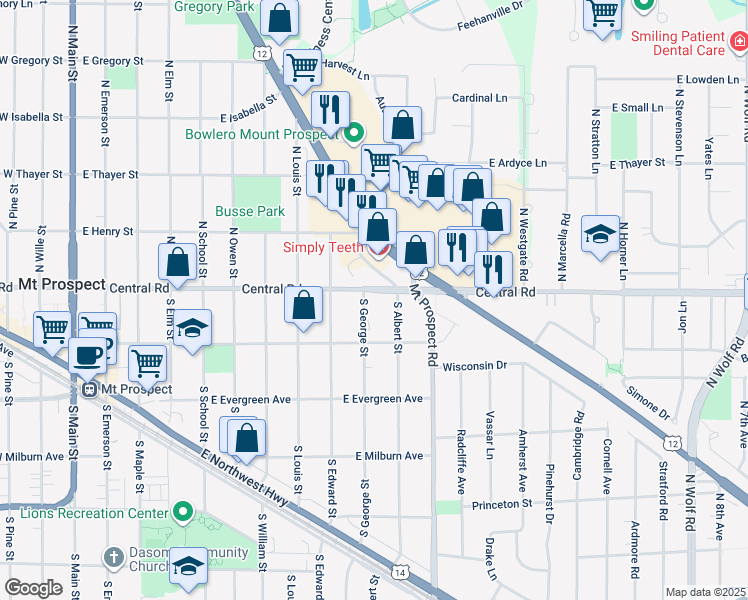 map of restaurants, bars, coffee shops, grocery stores, and more near 903 East Central Road in Mount Prospect