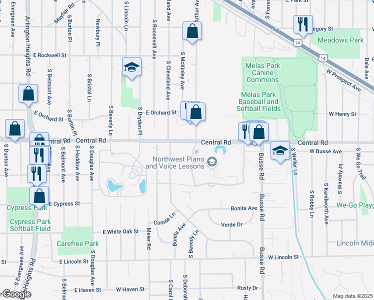 map of restaurants, bars, coffee shops, grocery stores, and more near 1225 East Central Road in Arlington Heights