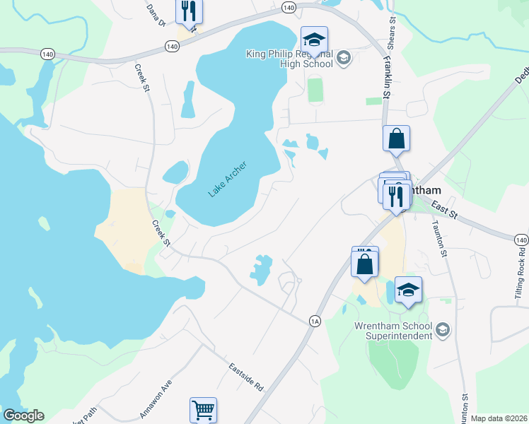 map of restaurants, bars, coffee shops, grocery stores, and more near 132 Lakeside Avenue in Wrentham
