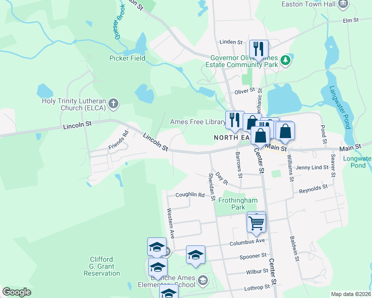map of restaurants, bars, coffee shops, grocery stores, and more near 73 Lincoln Street in Easton