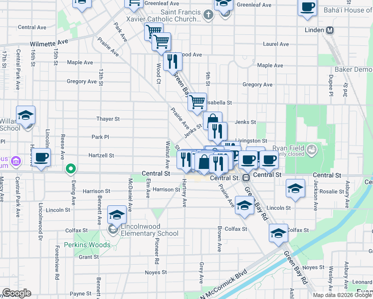 map of restaurants, bars, coffee shops, grocery stores, and more near 2653 Stewart Avenue in Evanston