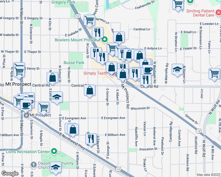 map of restaurants, bars, coffee shops, grocery stores, and more near 903 East Central Road in Mount Prospect